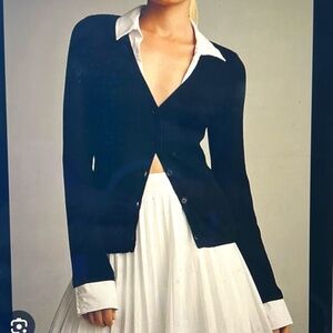 NWT - Maeve Layered Ribbed Black Cardigan Sweater White Shirt Collar and Cuffs